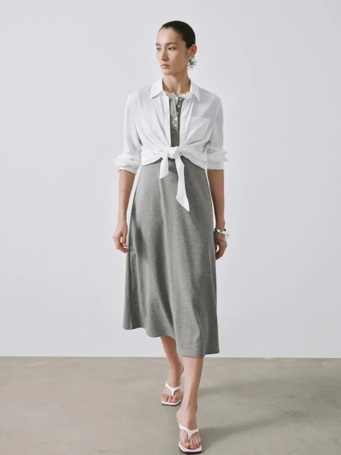 Round Neck Cotton-Blend A-Line Midi Dresses