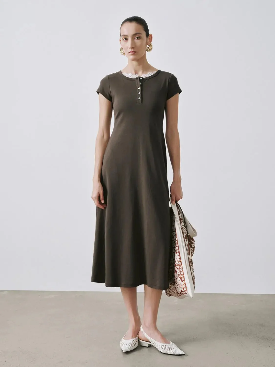 Round Neck Cotton-Blend A-Line Midi Dresses