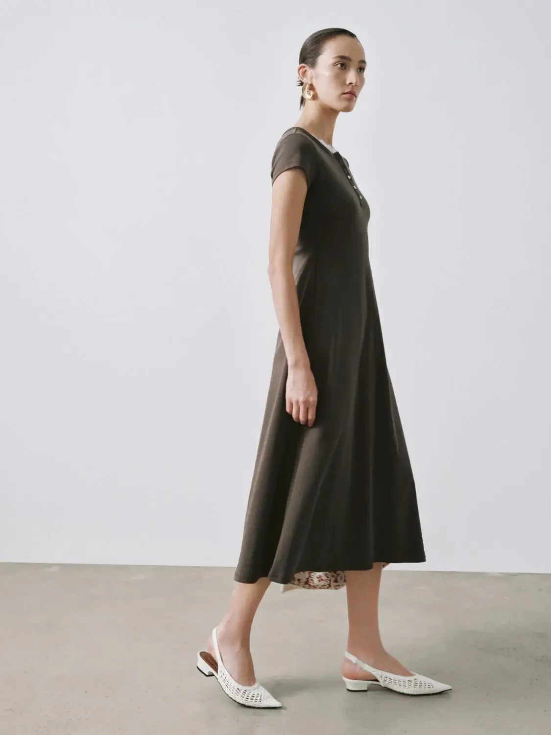 Round Neck Cotton-Blend A-Line Midi Dresses