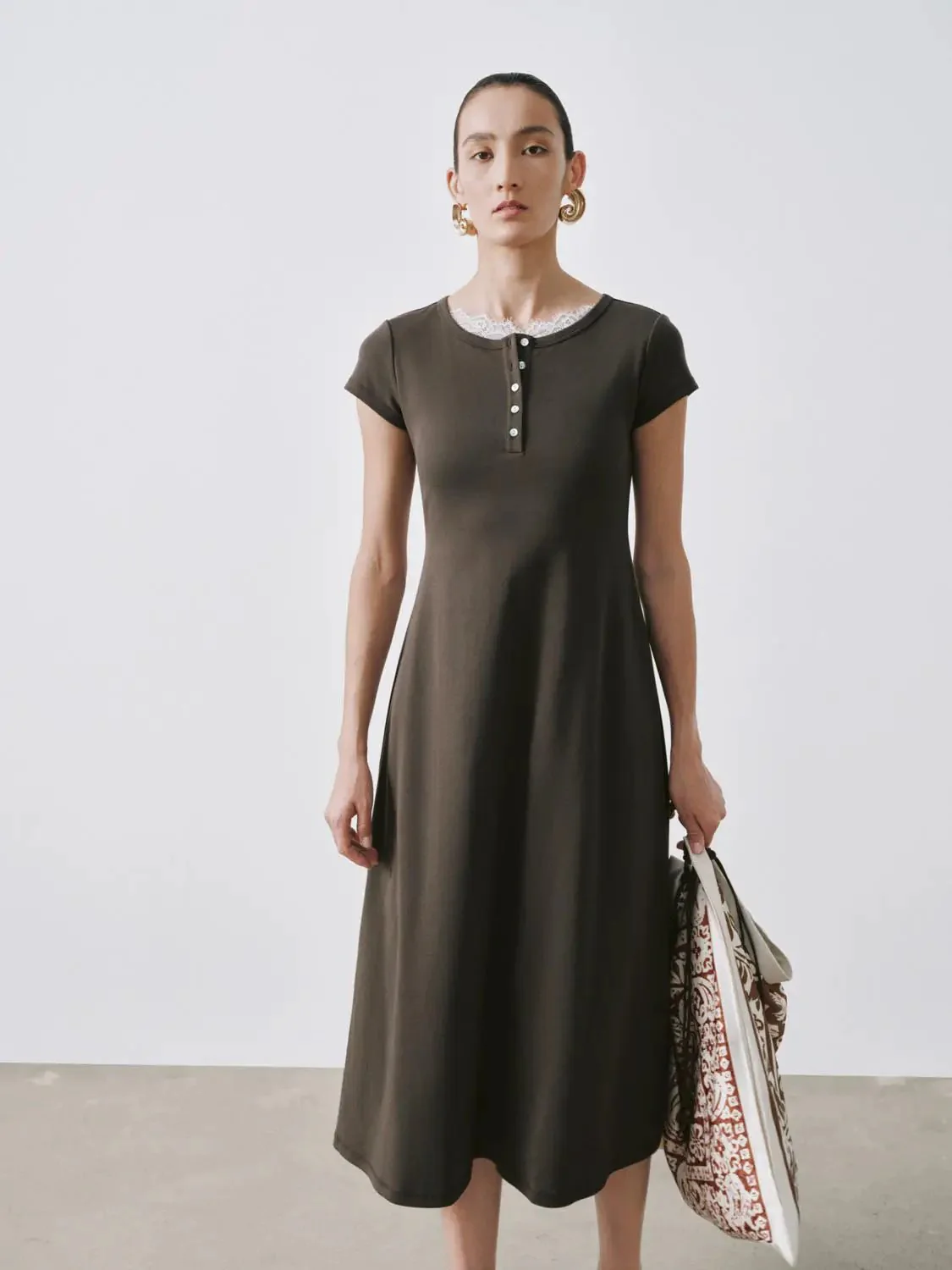 Round Neck Cotton-Blend A-Line Midi Dresses