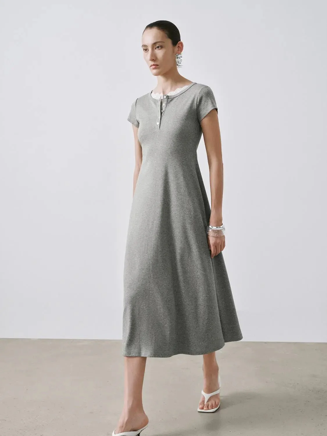Round Neck Cotton-Blend A-Line Midi Dresses
