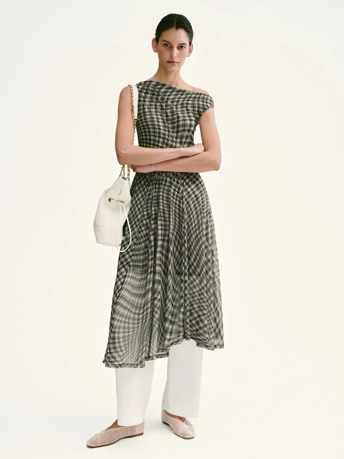 216-cool-gray-plaid-m-cool-gray-plaid-m-variation-1.webp One-Shoulder Folded Plaid A-Line With Stretch Midi Dress