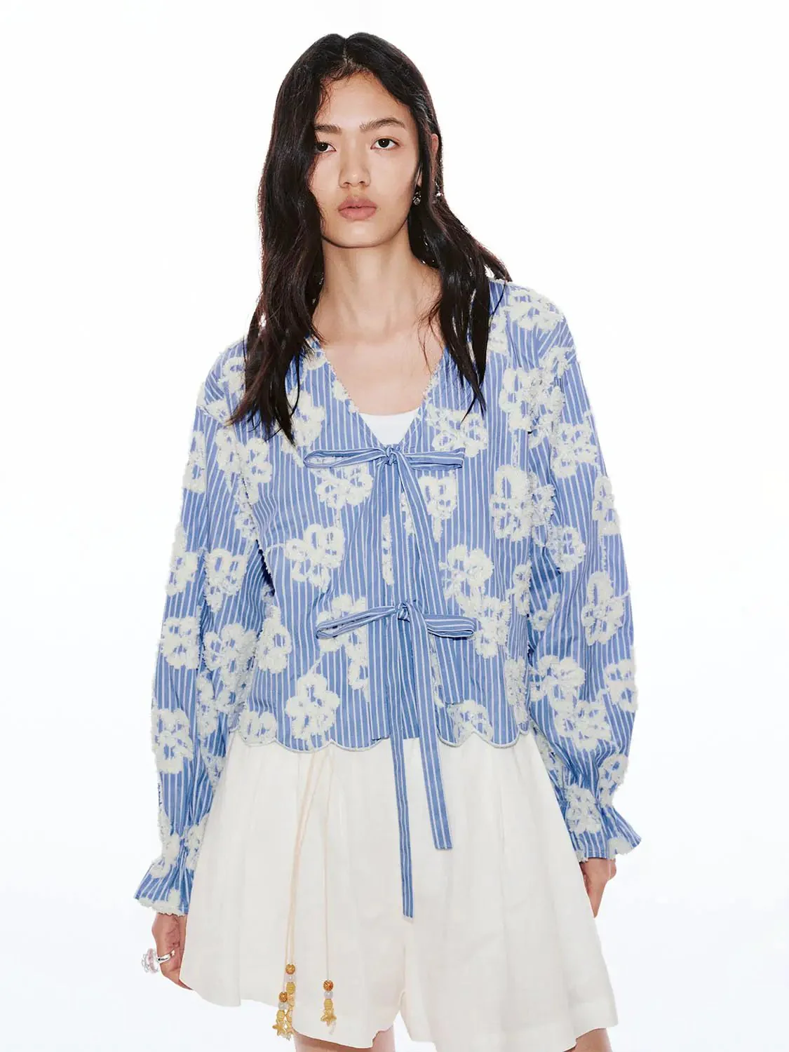 21640-floral-embellished-v-neck-lace-up-striped-shirts-2.webp Floral Embellished V-Neck Lace-Up Striped Shirts