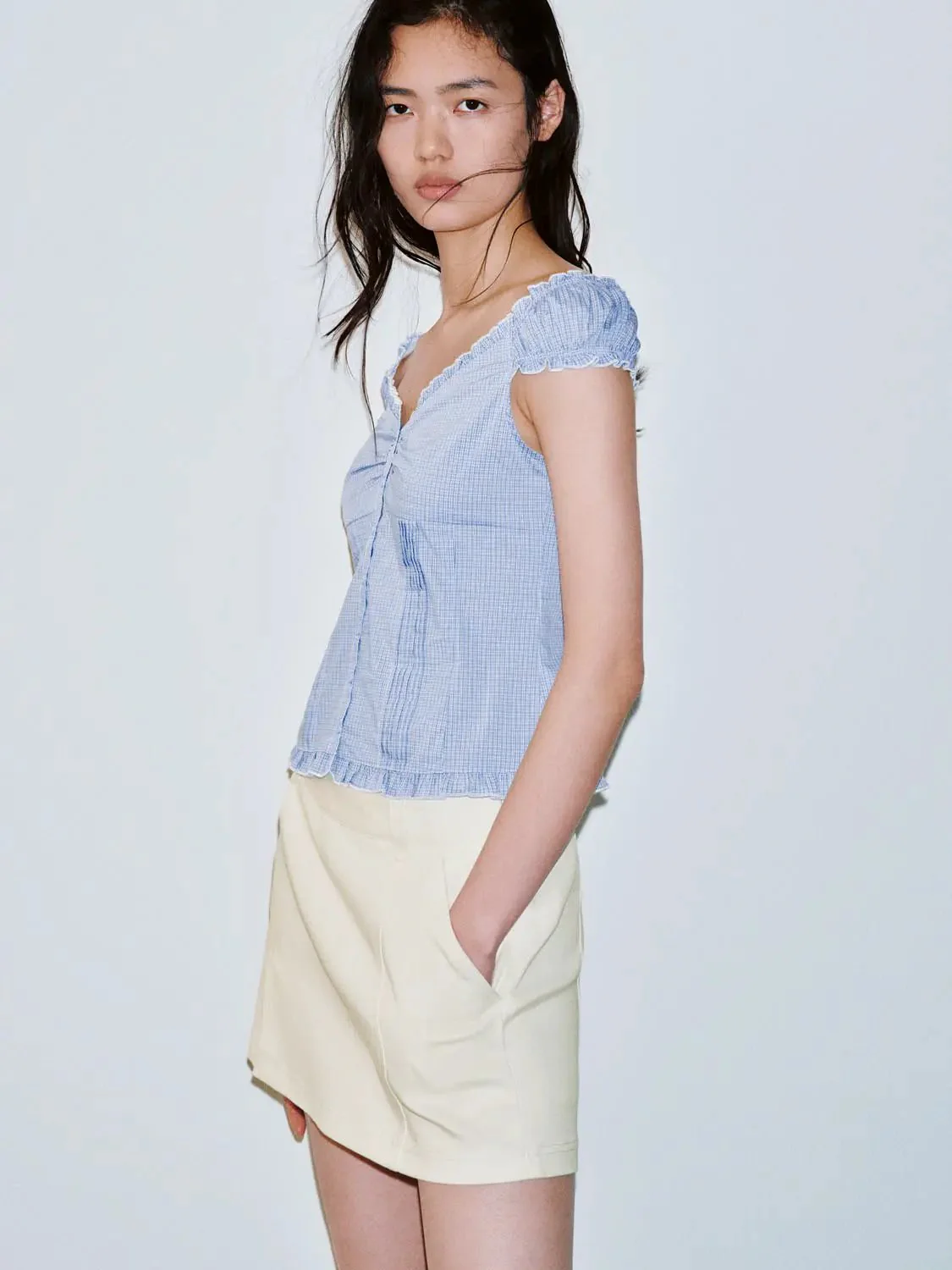 21746-v-neck-shirring-detail-ruffle-trim-short-sleeve-shirts-2.webp V-Neck Shirring Detail Ruffle Trim Short Sleeve Shirts