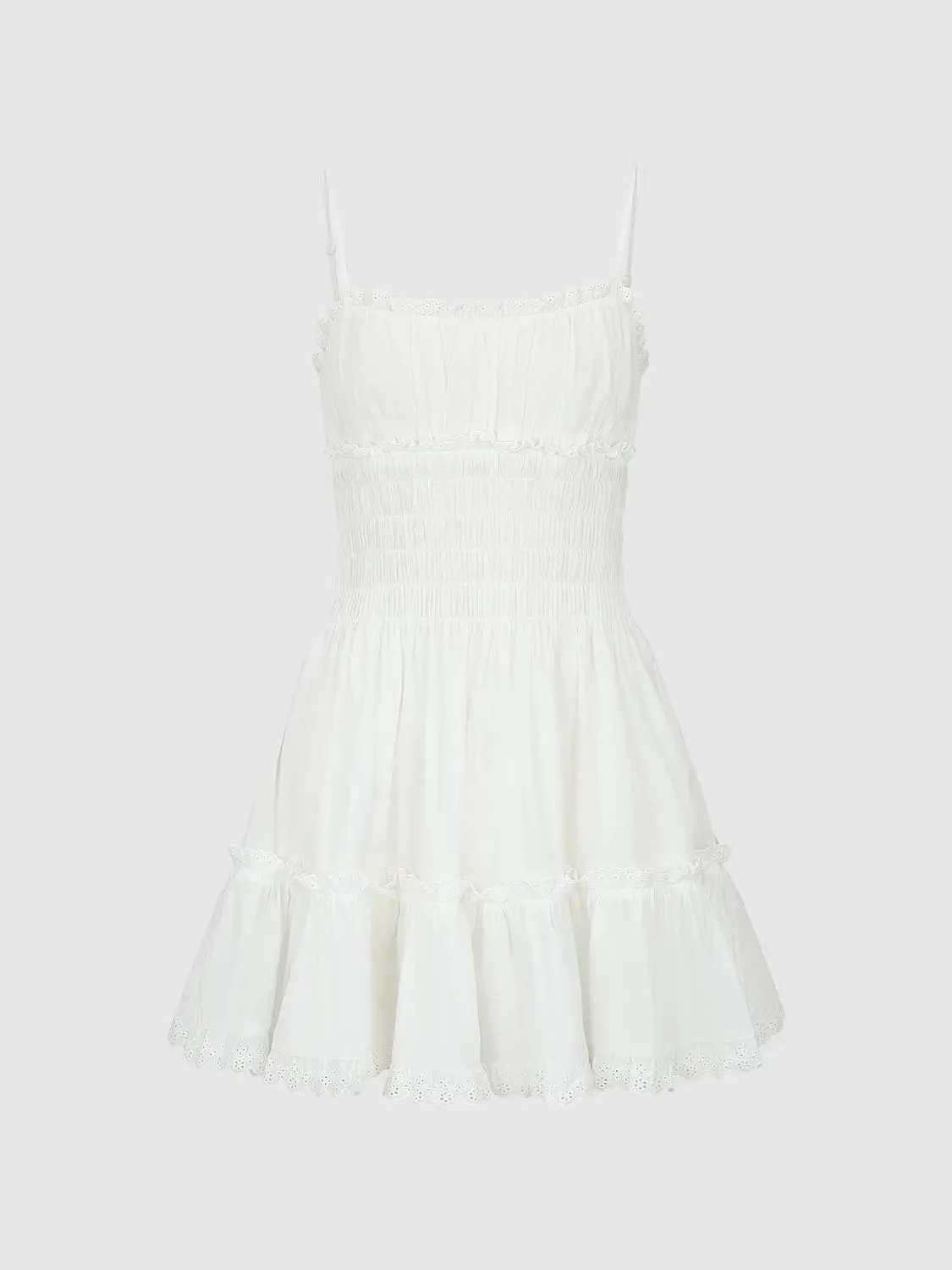 2180-cotton-smocked-lace-trim-tiered-with-spaghetti-straps-mini-dresses-7.webp Cotton Smocked Lace Trim Tiered With Spaghetti Straps Mini Dresses