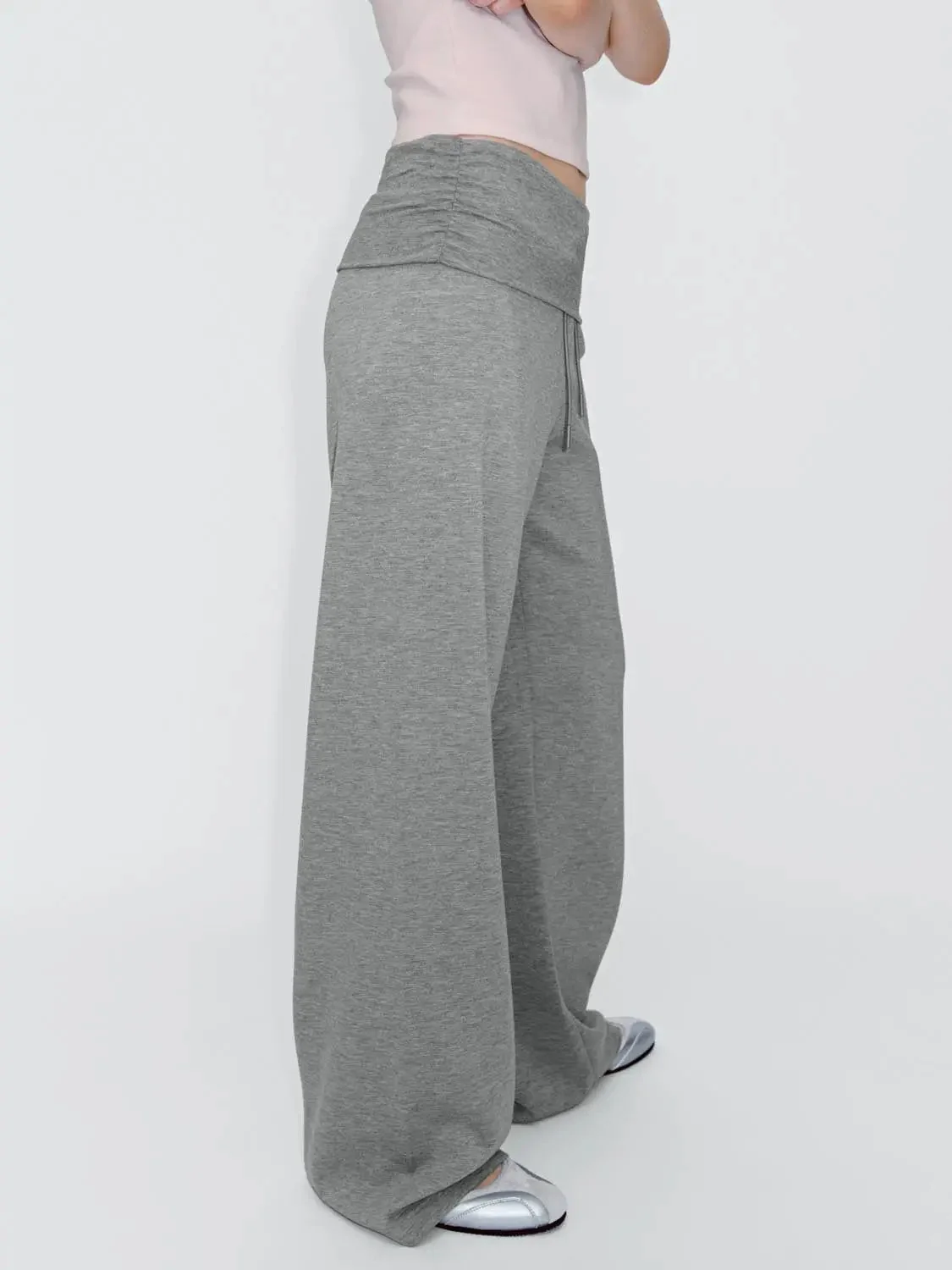 Folded Waist Drawstring Wide Leg Pants