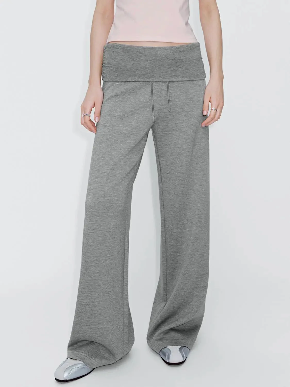 Folded Waist Drawstring Wide Leg Pants