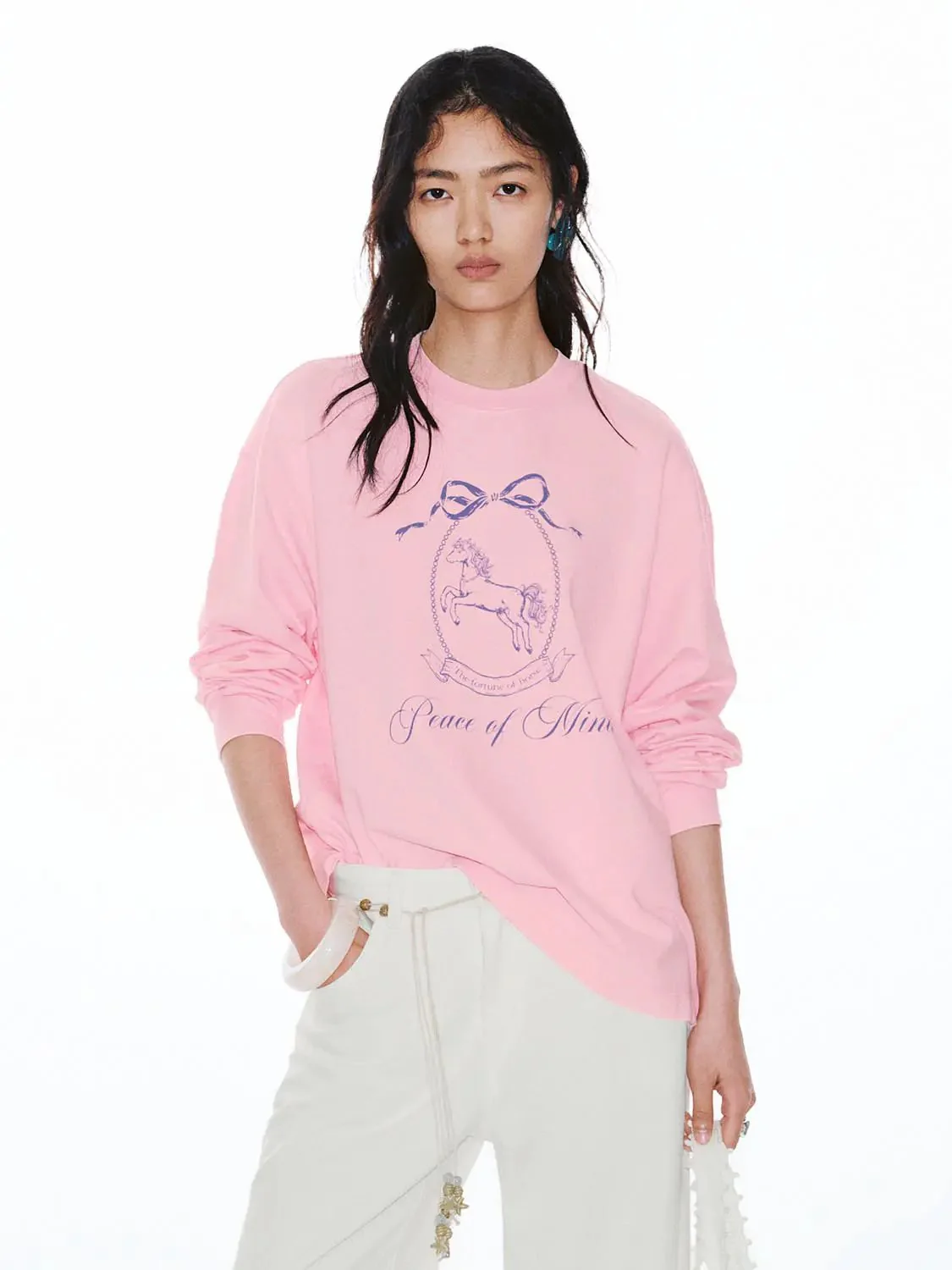 Pink Cotton Graphic Peace Of Mind Long Sleeve T Shirt