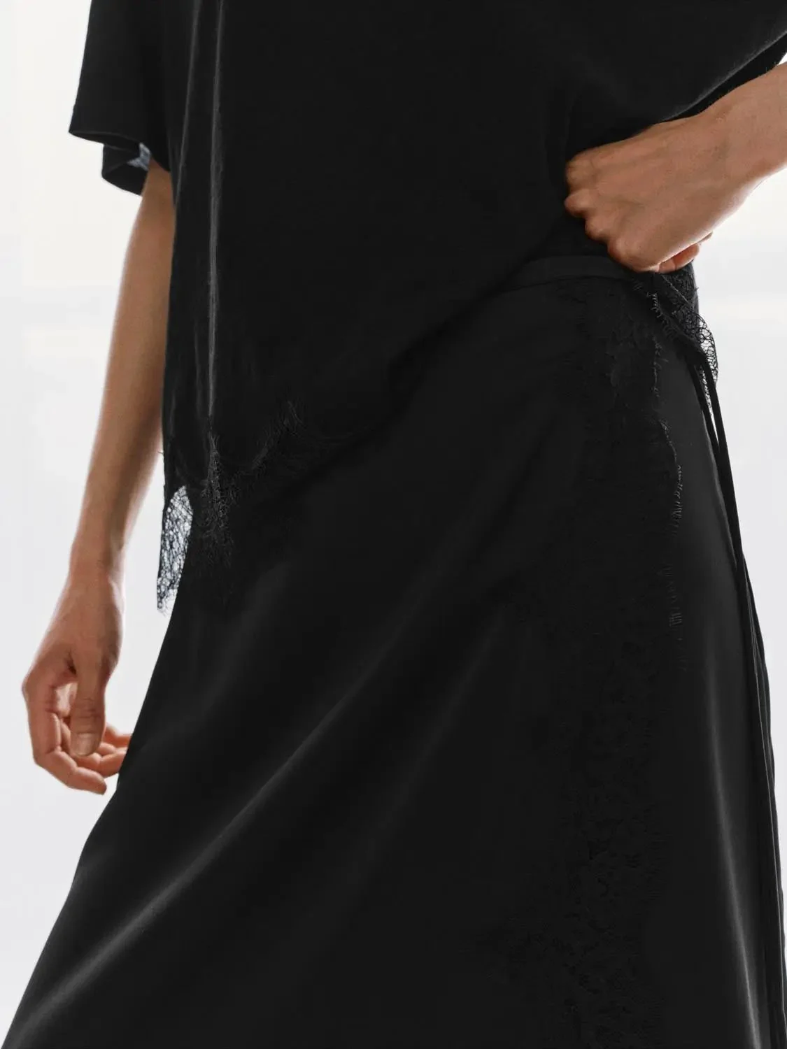 String Detail Asymmetric Lace Trim A-Line Midi Skirts