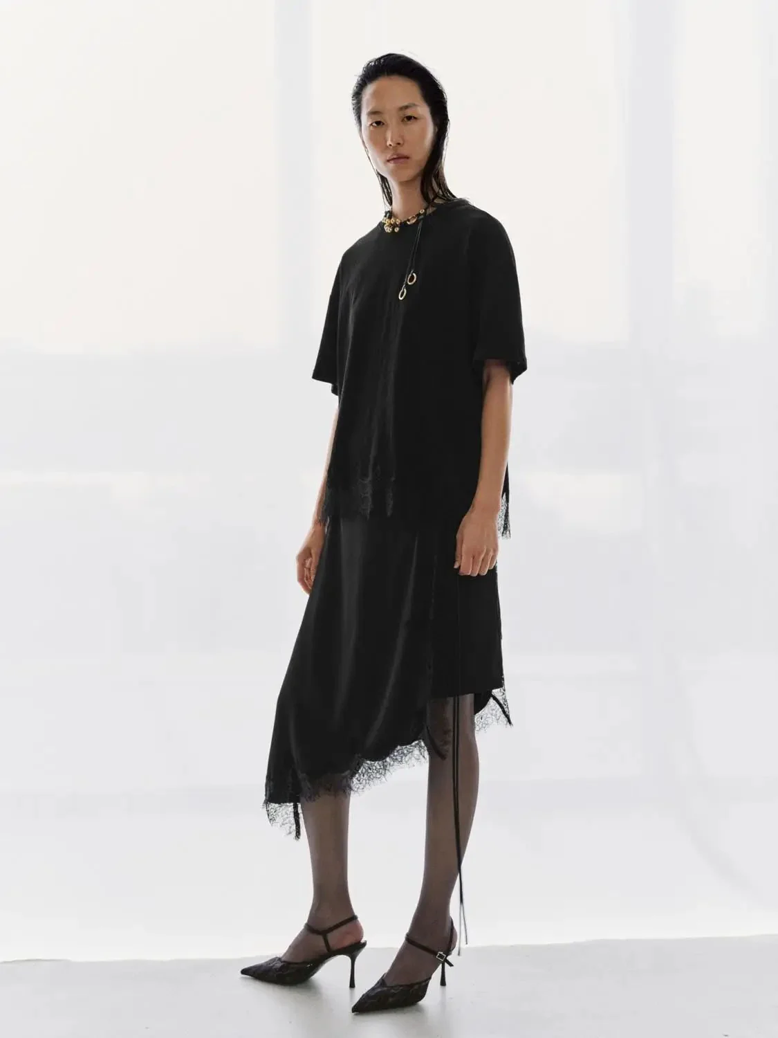 String Detail Asymmetric Lace Trim A-Line Midi Skirts