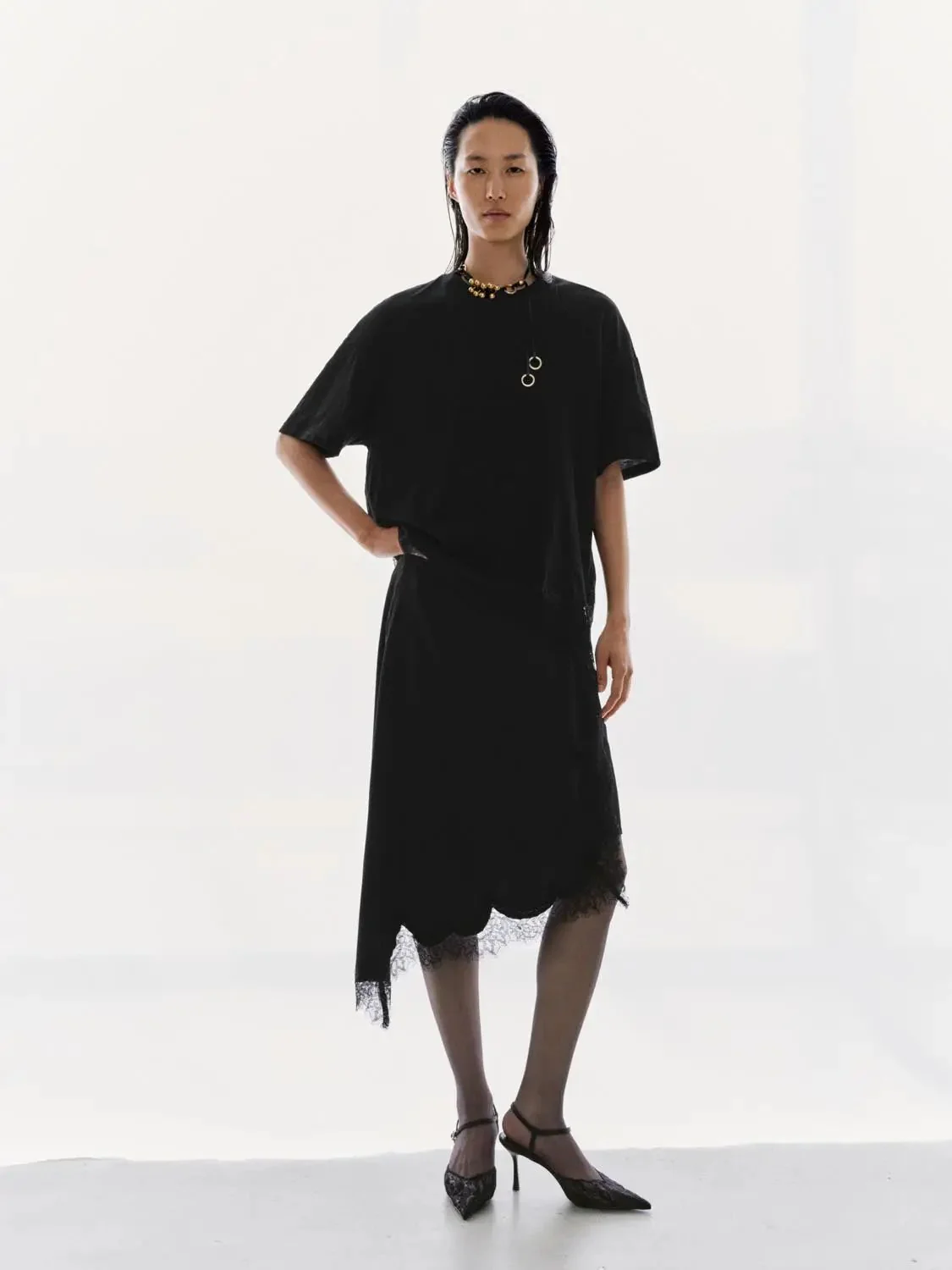 String Detail Asymmetric Lace Trim A-Line Midi Skirts