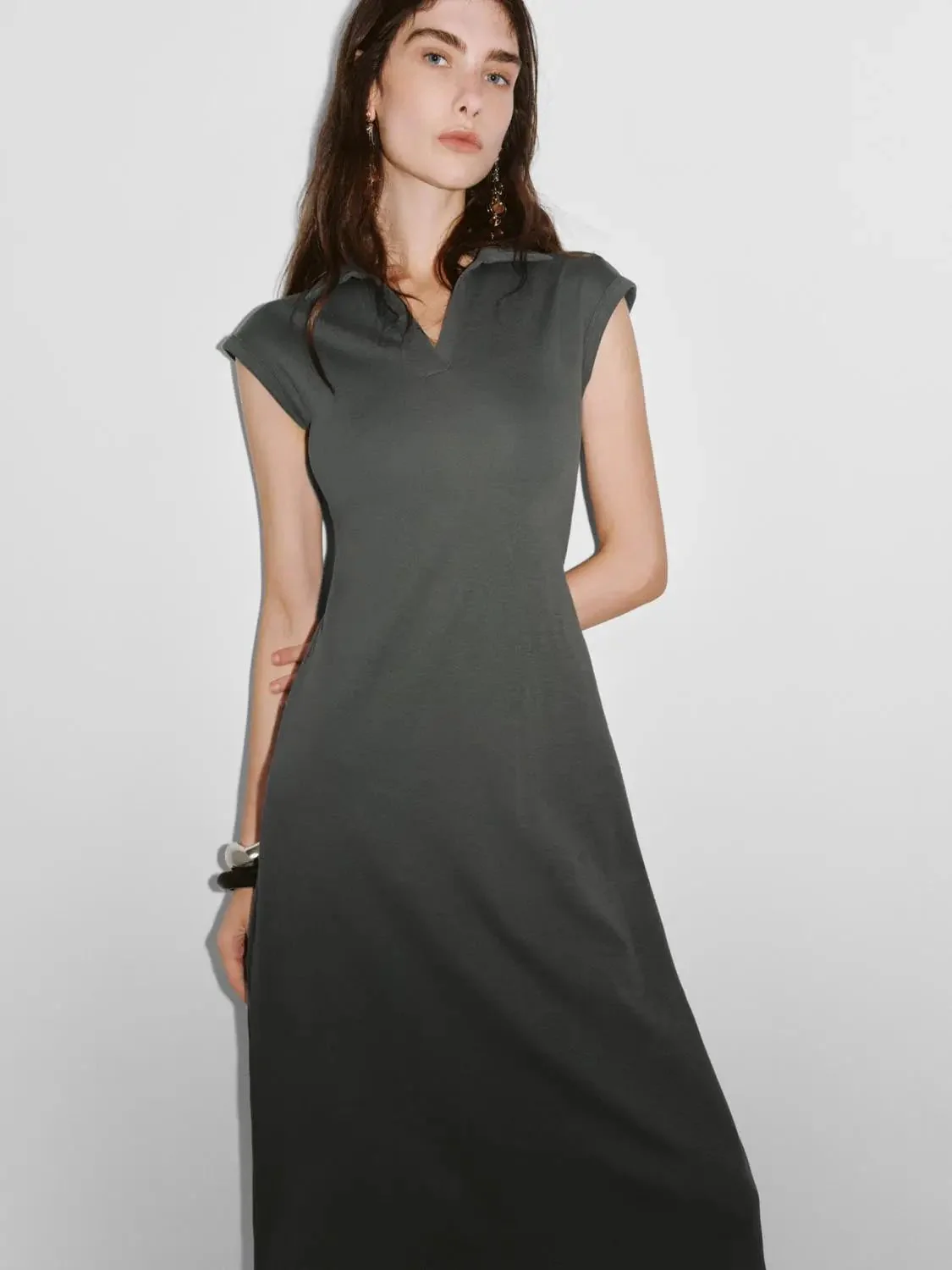 Cotton Blend Polo Neck Cap Sleeve Belted Midi Dress