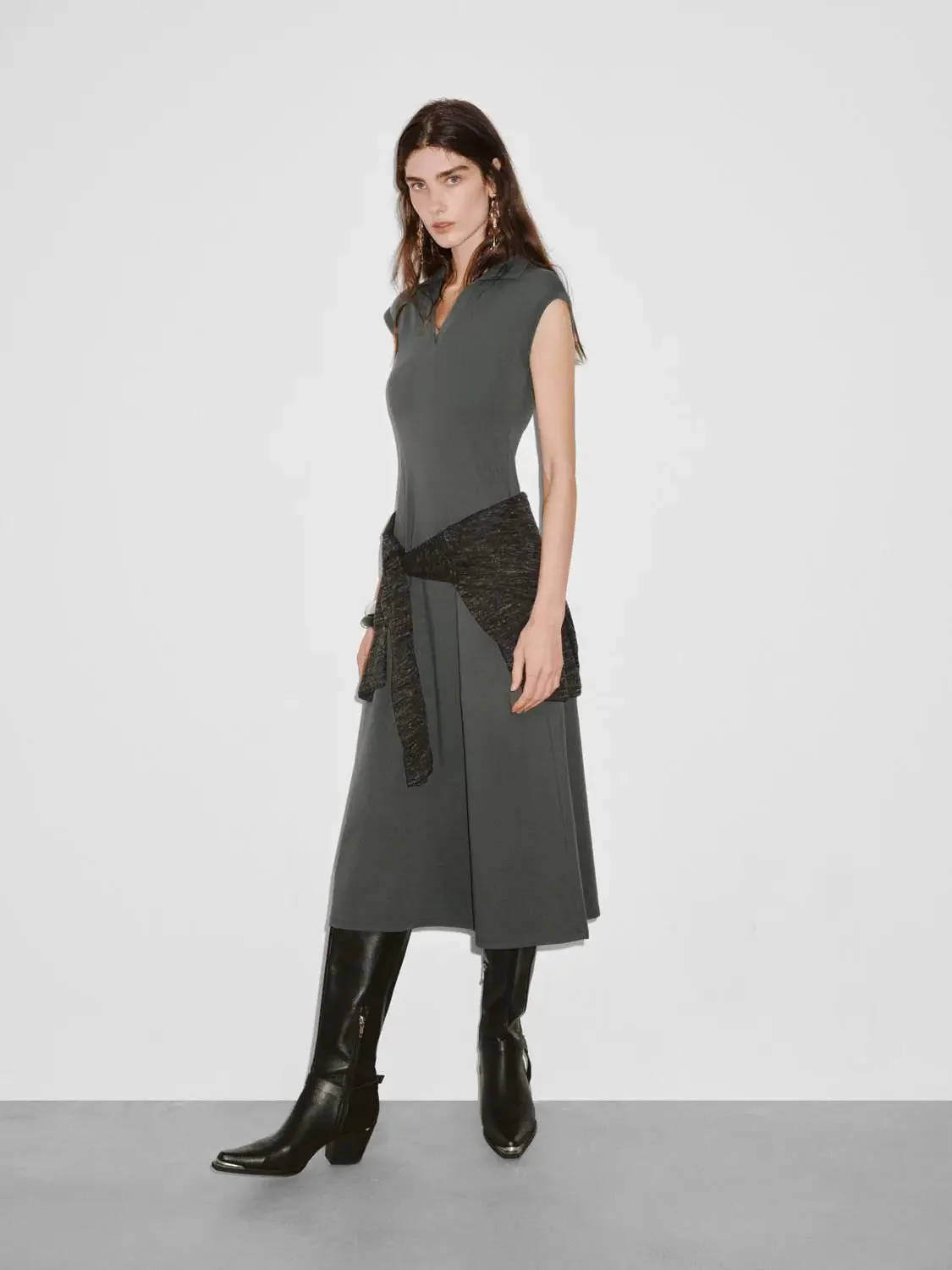 Cotton Blend Polo Neck Cap Sleeve Belted Midi Dress