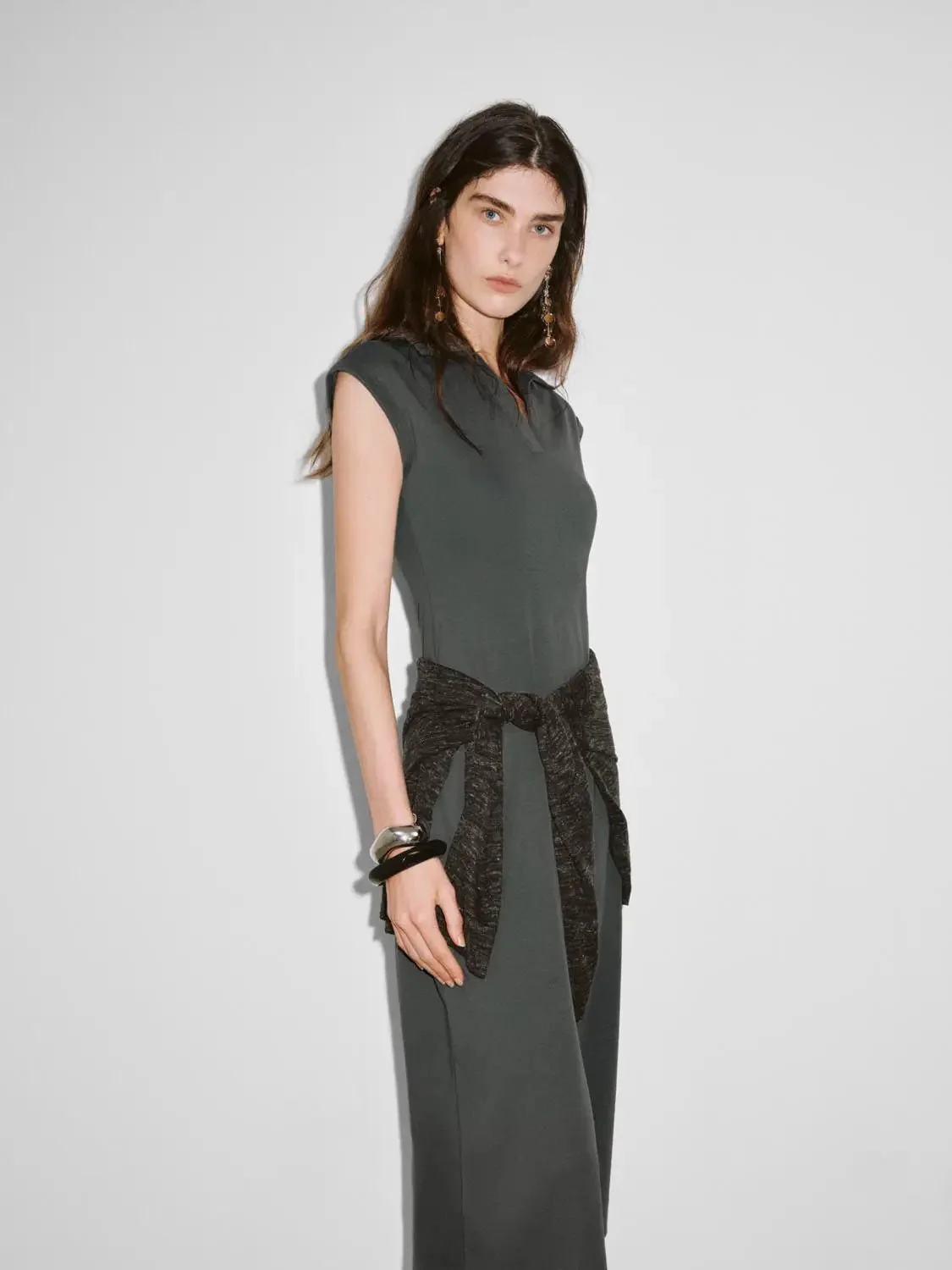 Cotton Blend Polo Neck Cap Sleeve Belted Midi Dress