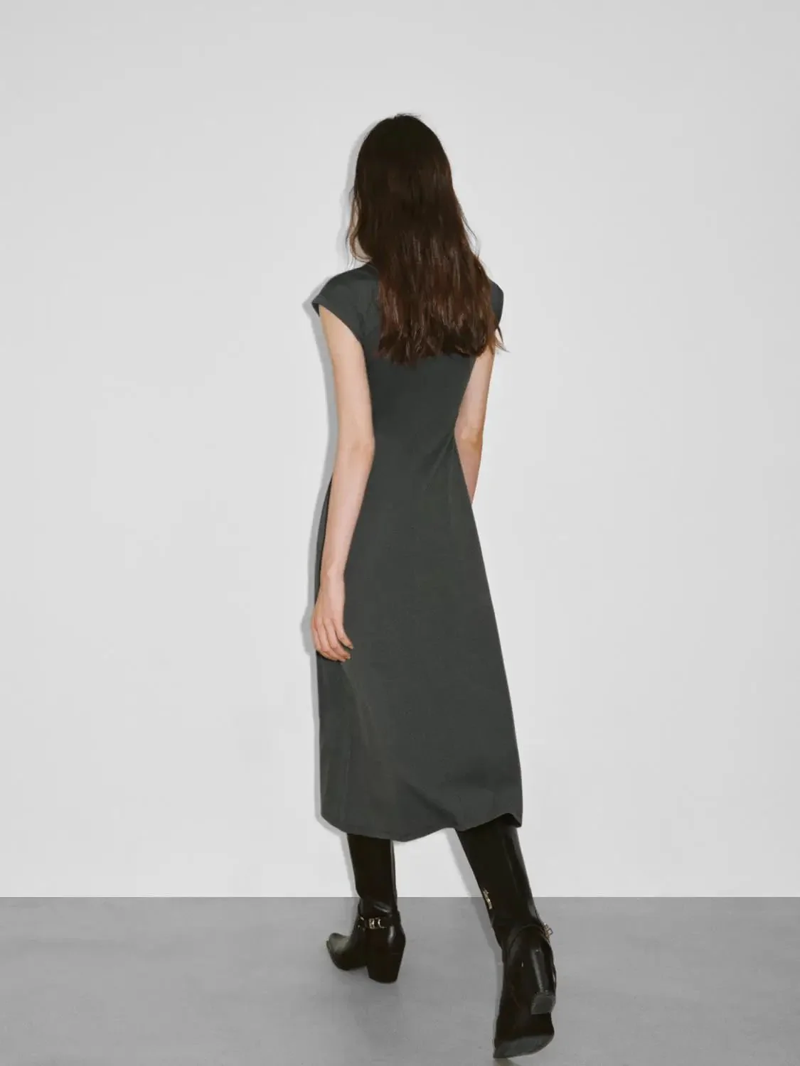 Cotton Blend Polo Neck Cap Sleeve Belted Midi Dress