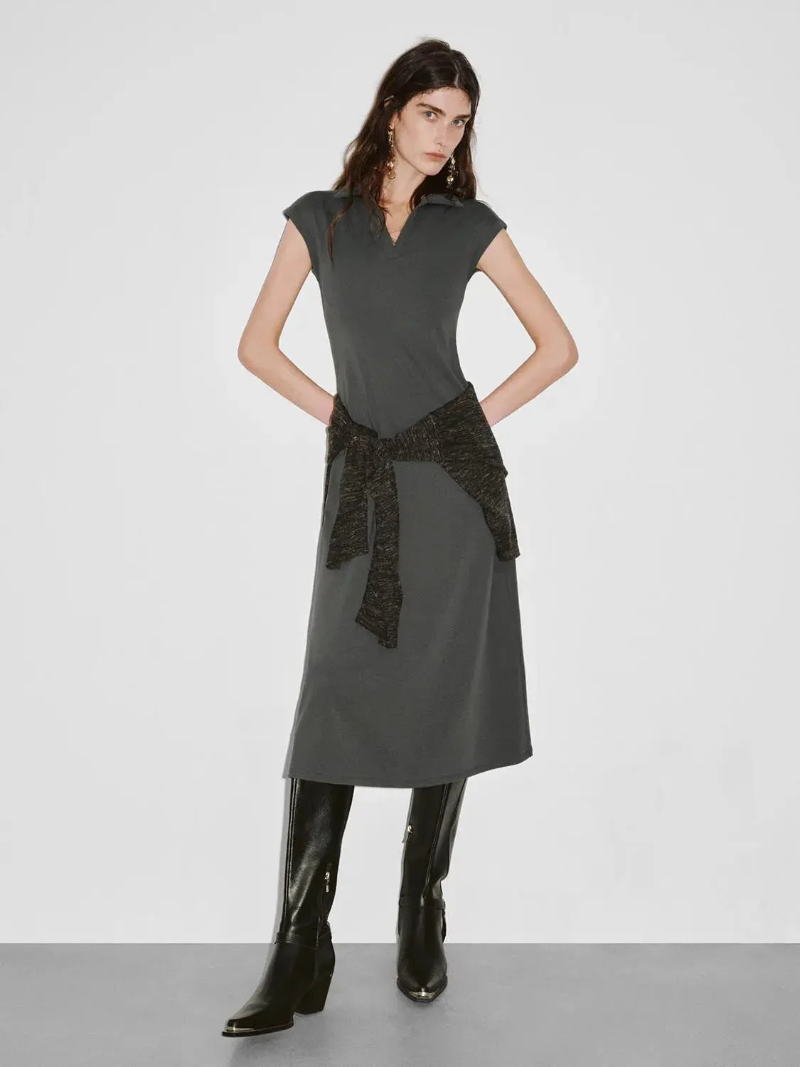 Cotton Blend Polo Neck Cap Sleeve Belted Midi Dress