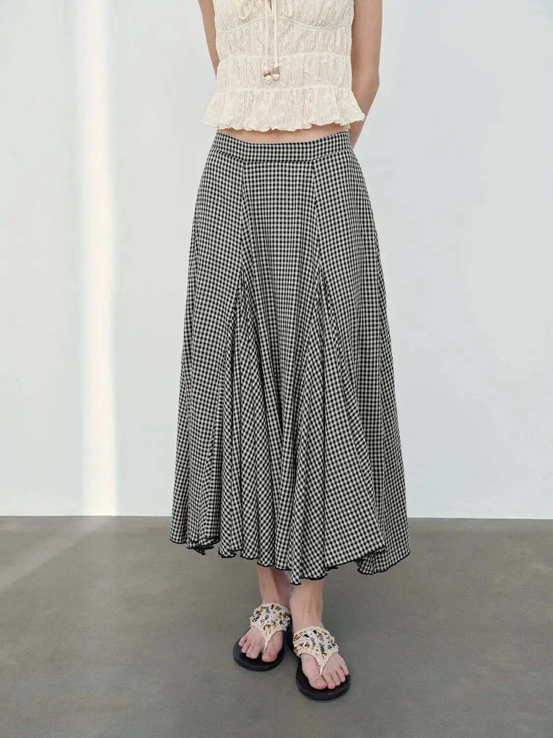 Linen Blend Pleated Asymmetric Check Midi Skirt