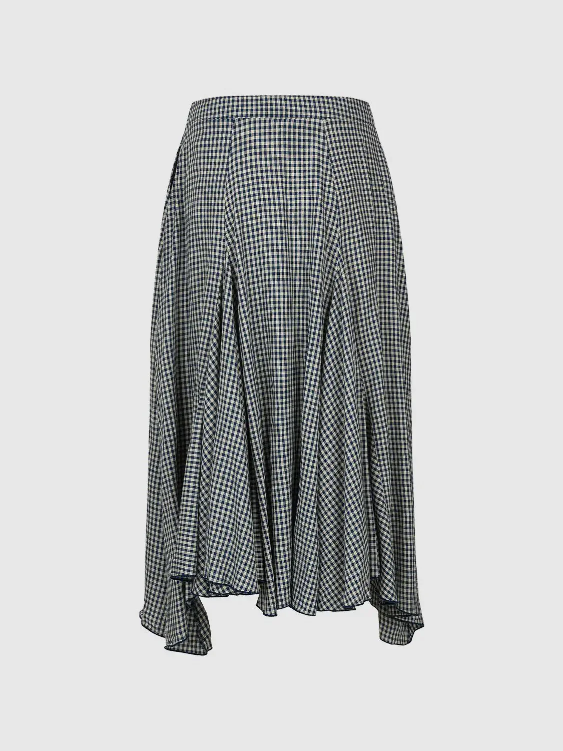 Linen Blend Pleated Asymmetric Check Midi Skirt