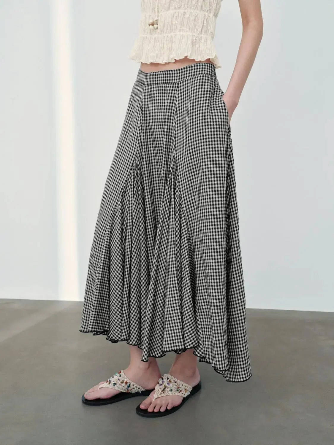 Linen Blend Pleated Asymmetric Check Midi Skirt