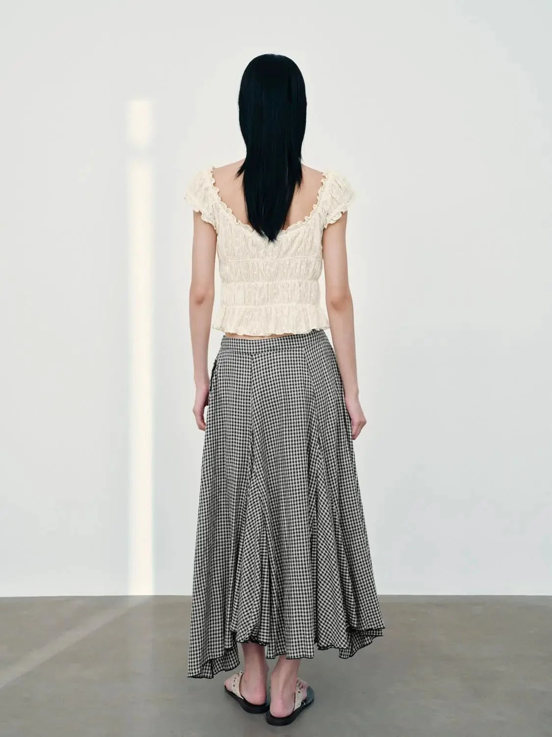 Linen Blend Pleated Asymmetric Check Midi Skirt