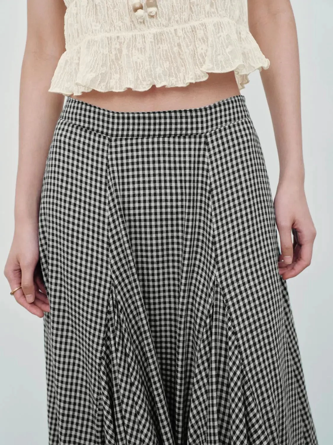 Linen Blend Pleated Asymmetric Check Midi Skirt