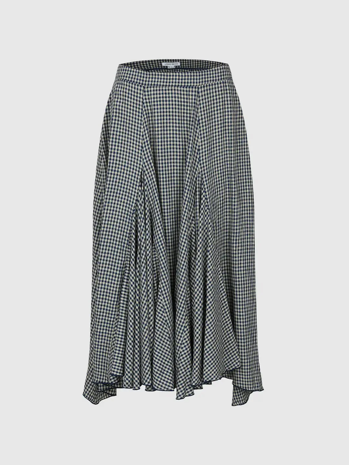 Linen Blend Pleated Asymmetric Check Midi Skirt