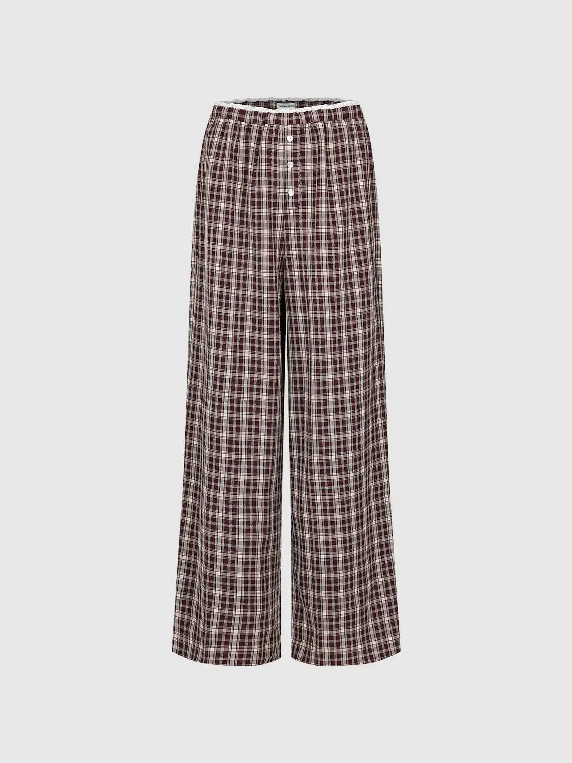 Button Detail Contrast Trim Check Wide Leg Pants