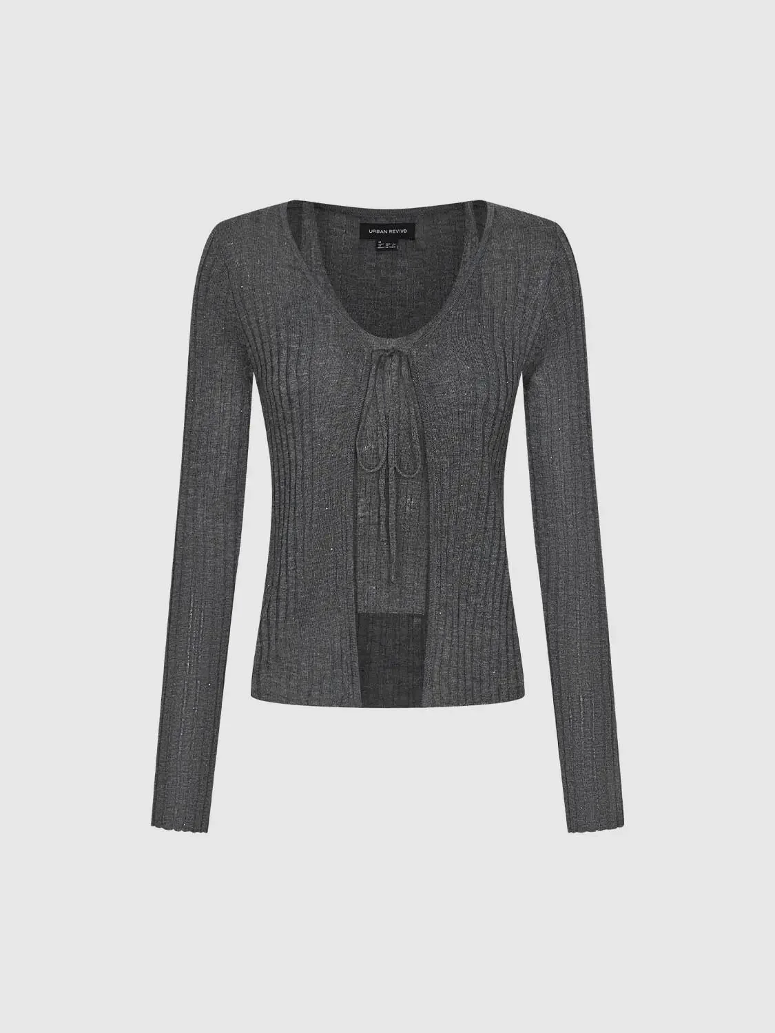 Lyocell Wool Knit Ribbed Tie Front Long Sleeve T-Shirts
