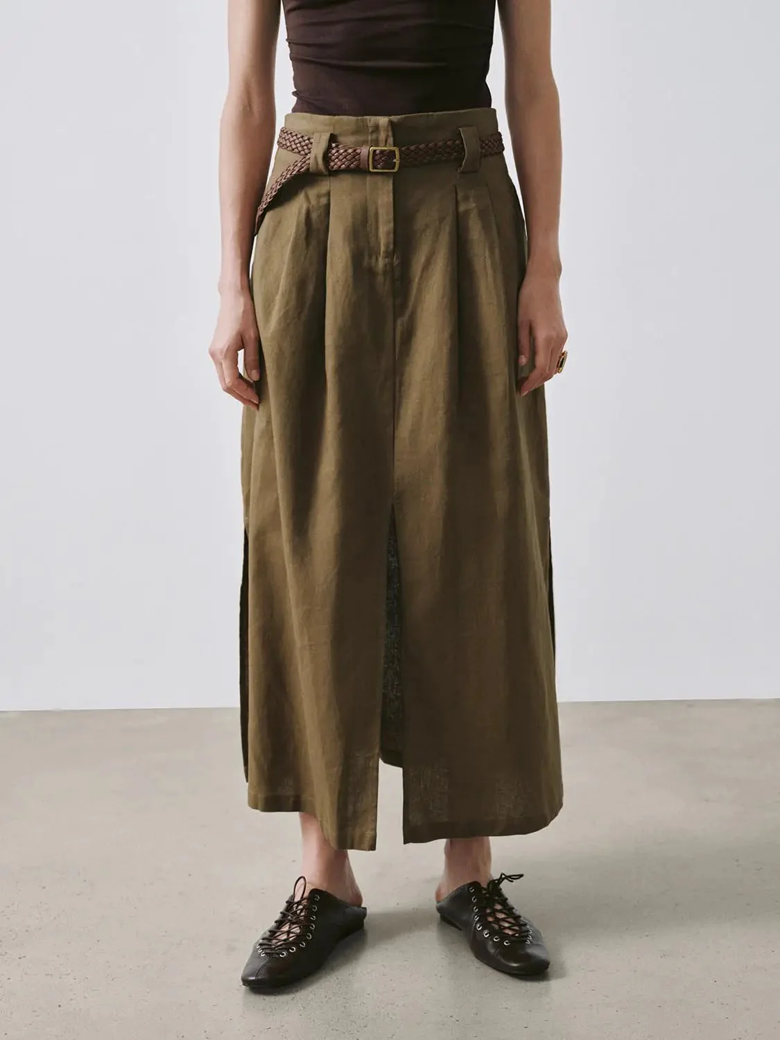 Linen Blend Belted Pleated Slit Detail A-Line Midi Skirts