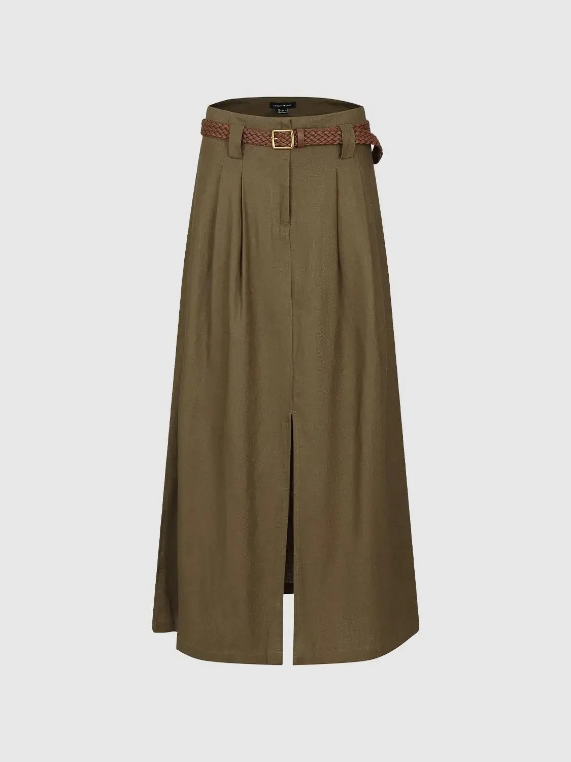 Linen Blend Belted Pleated Slit Detail A-Line Midi Skirts