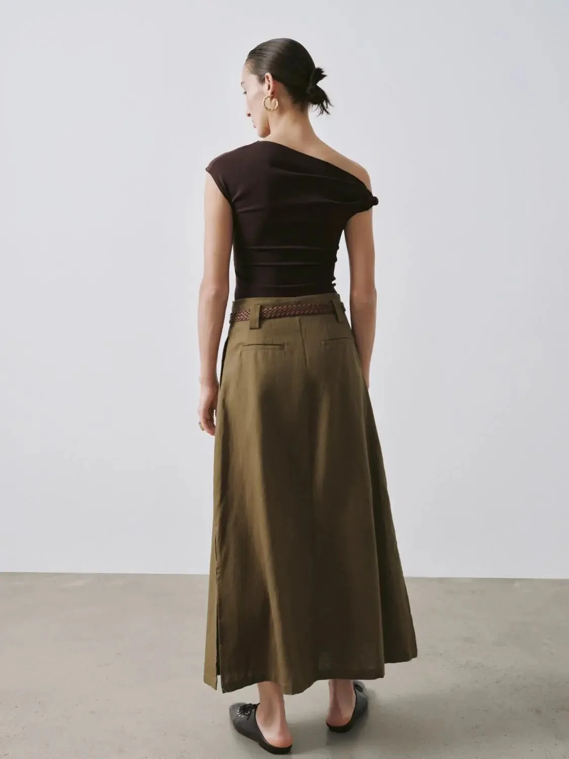 Linen Blend Belted Pleated Slit Detail A-Line Midi Skirts
