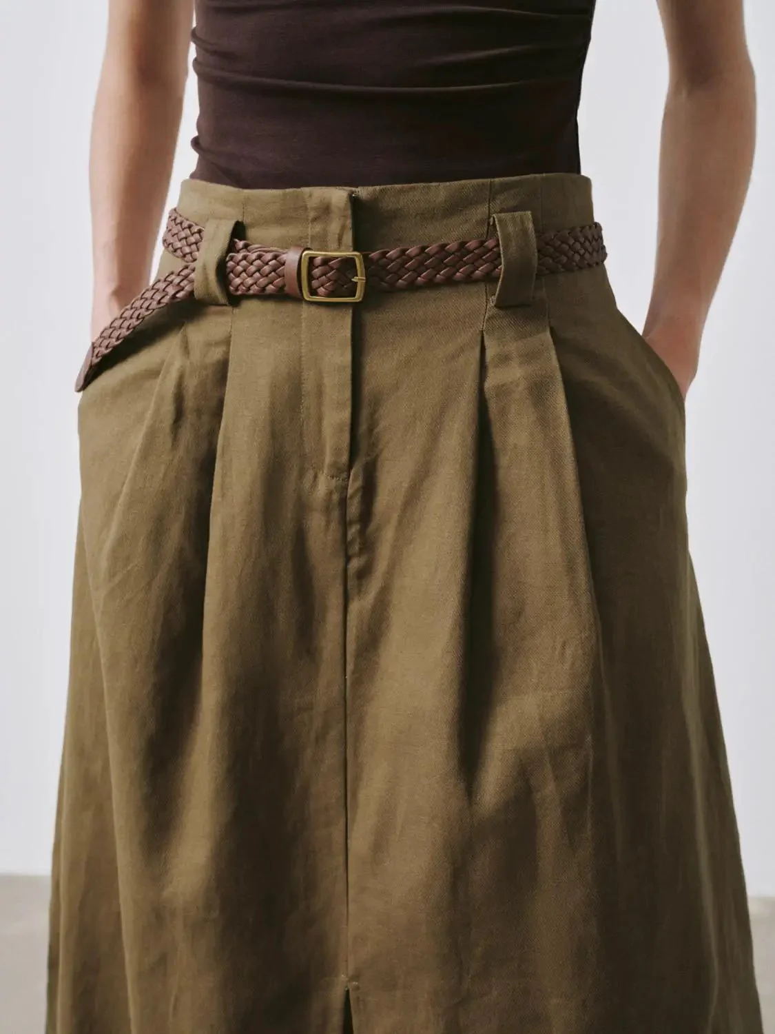 Linen Blend Belted Pleated Slit Detail A-Line Midi Skirts