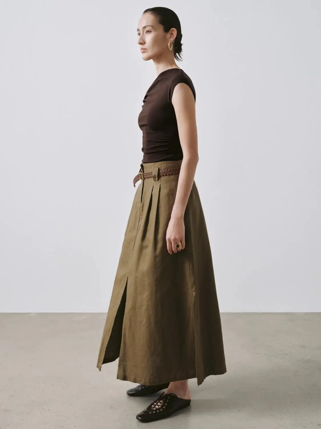 Linen Blend Belted Pleated Slit Detail A-Line Midi Skirts