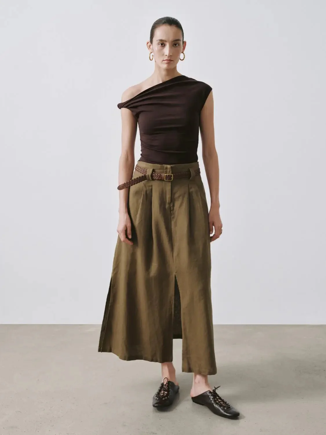Linen Blend Belted Pleated Slit Detail A-Line Midi Skirts
