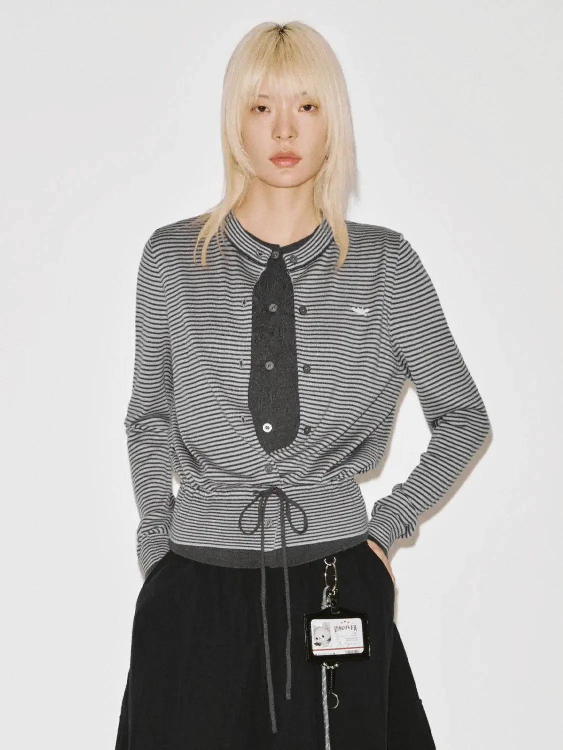 Crew Neck Embroidered Striped Tie Detail Knitted Cardigans