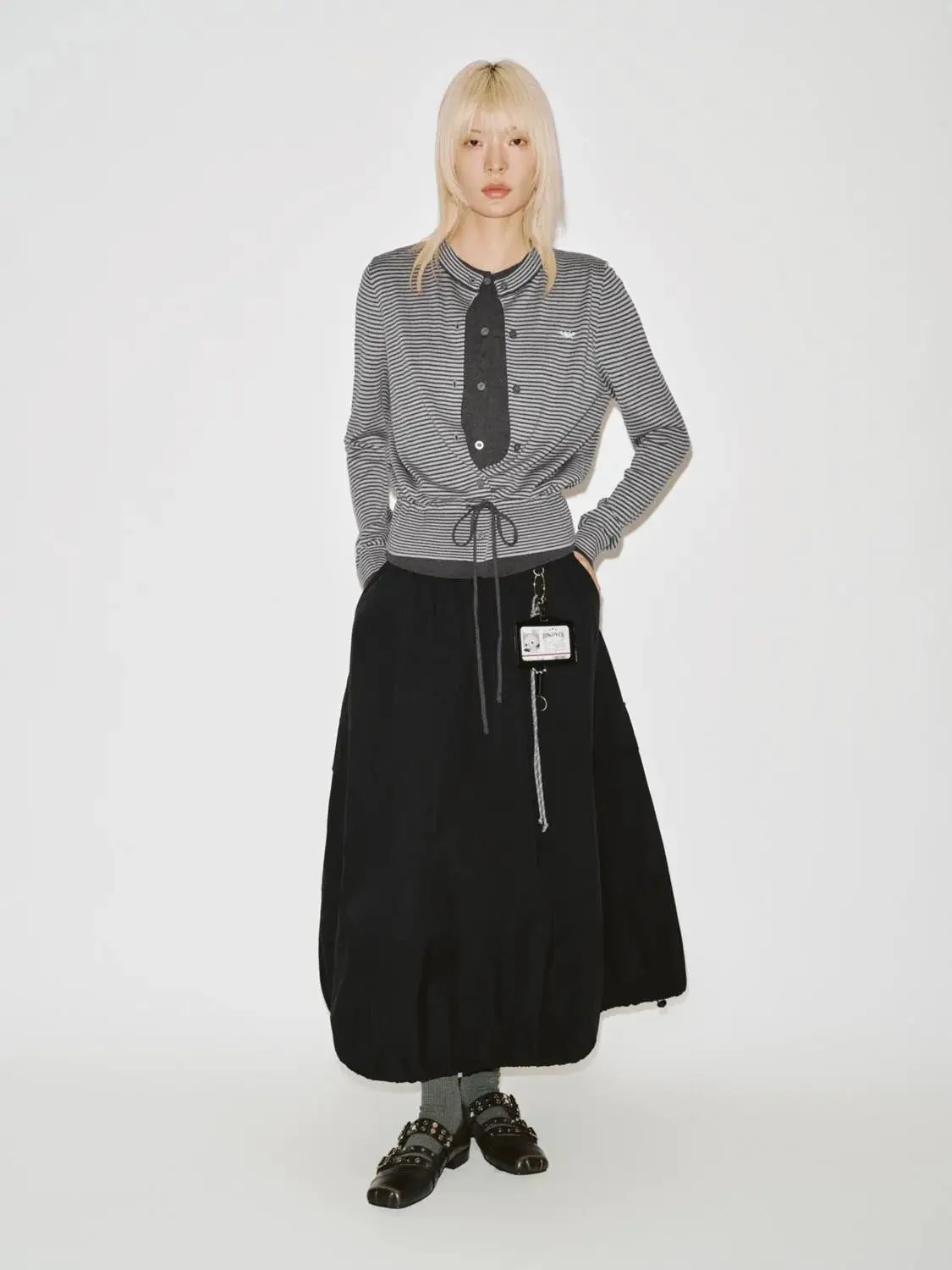 Crew Neck Embroidered Striped Tie Detail Knitted Cardigans