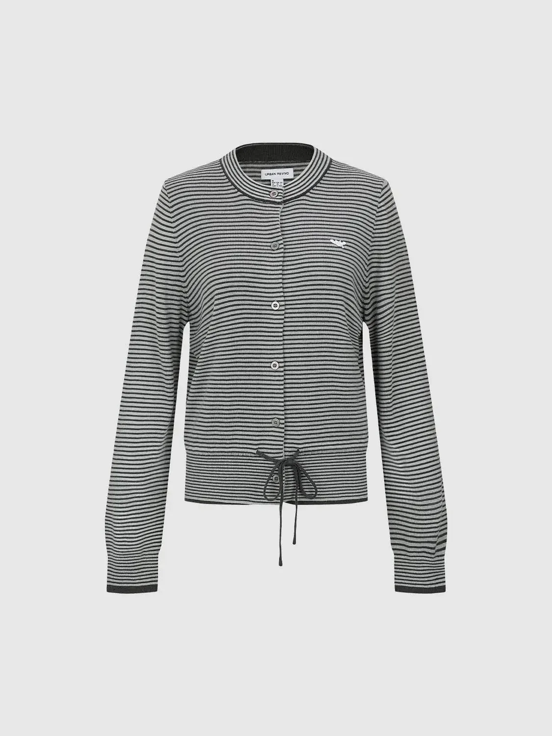 Crew Neck Embroidered Striped Tie Detail Knitted Cardigans