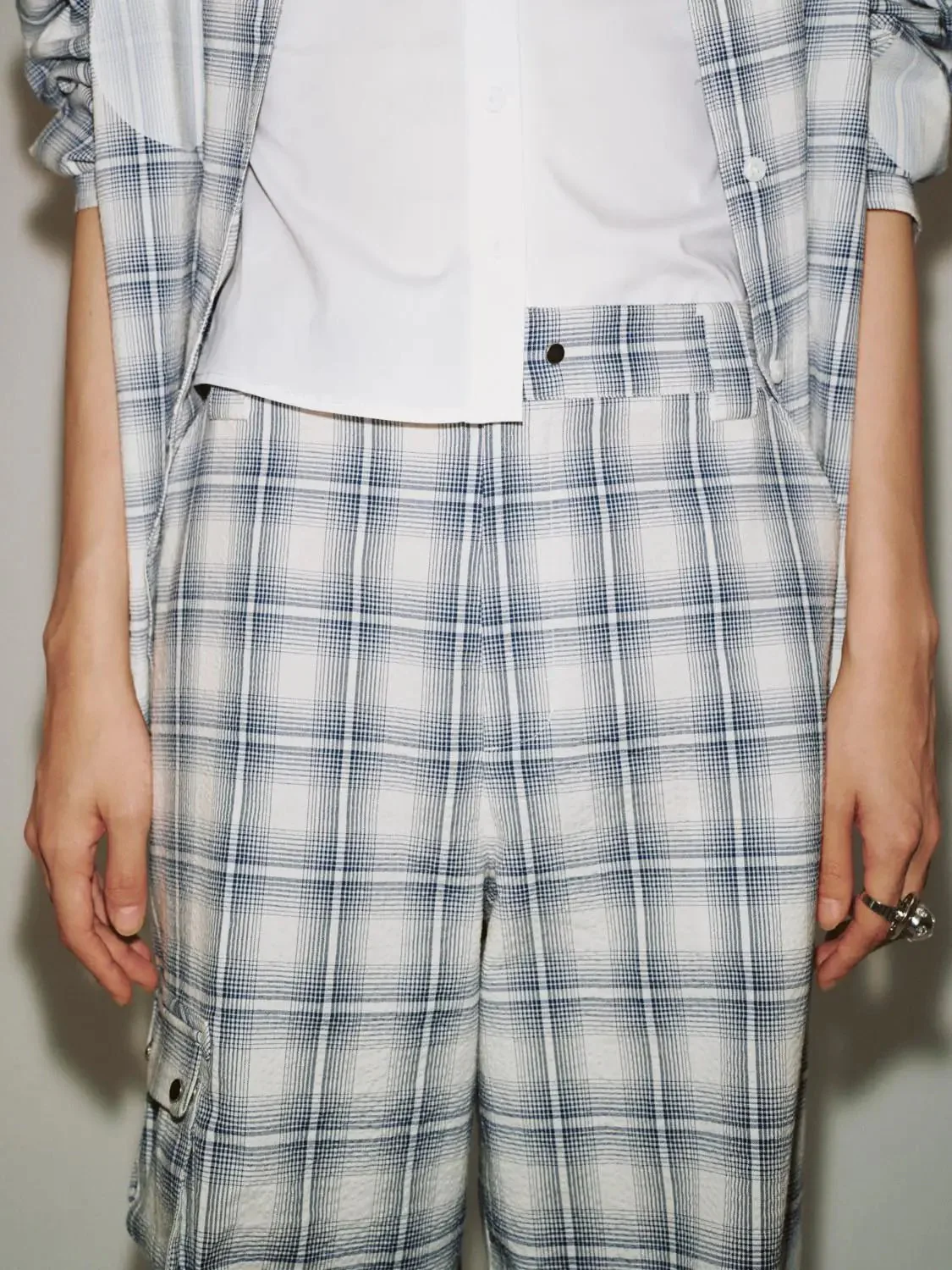 Flap Pocket Contrast Check Wide Leg Pants