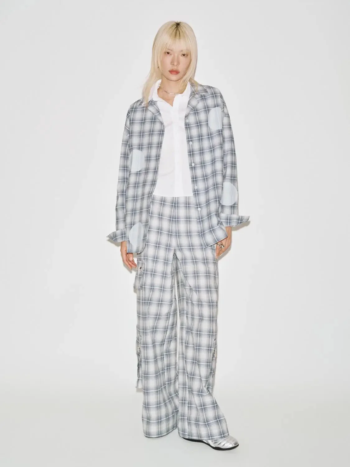 Flap Pocket Contrast Check Wide Leg Pants