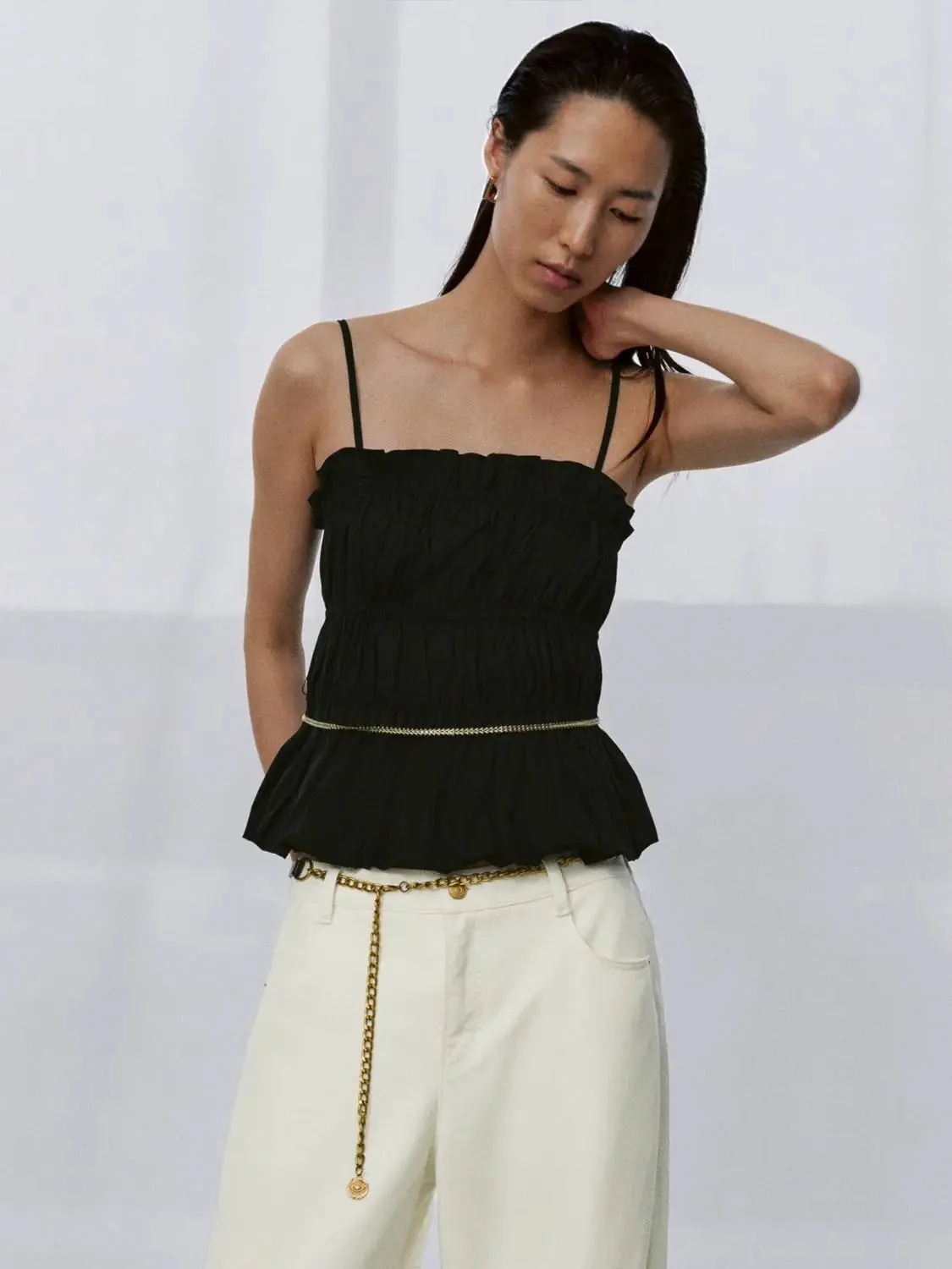 Ruffle Detail Strappy Balloon Hem Cami Tops