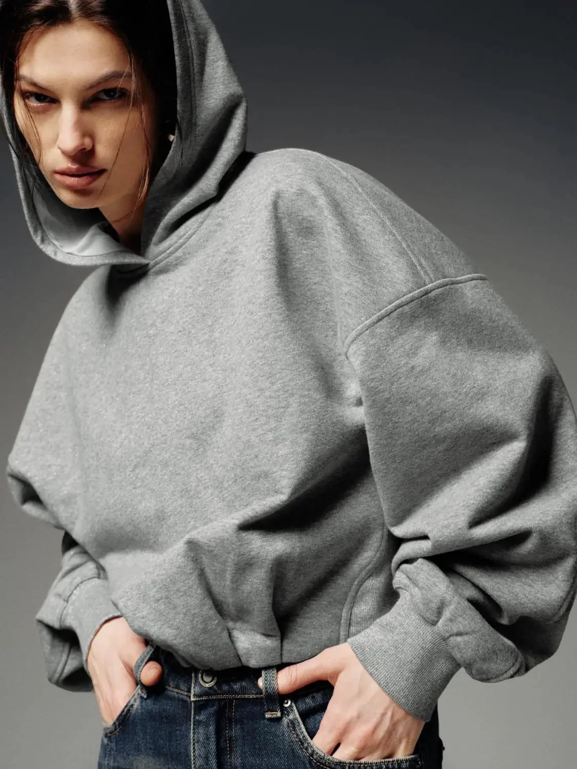 Cotton Blend Hooded Balloon Hem Sweatshirt