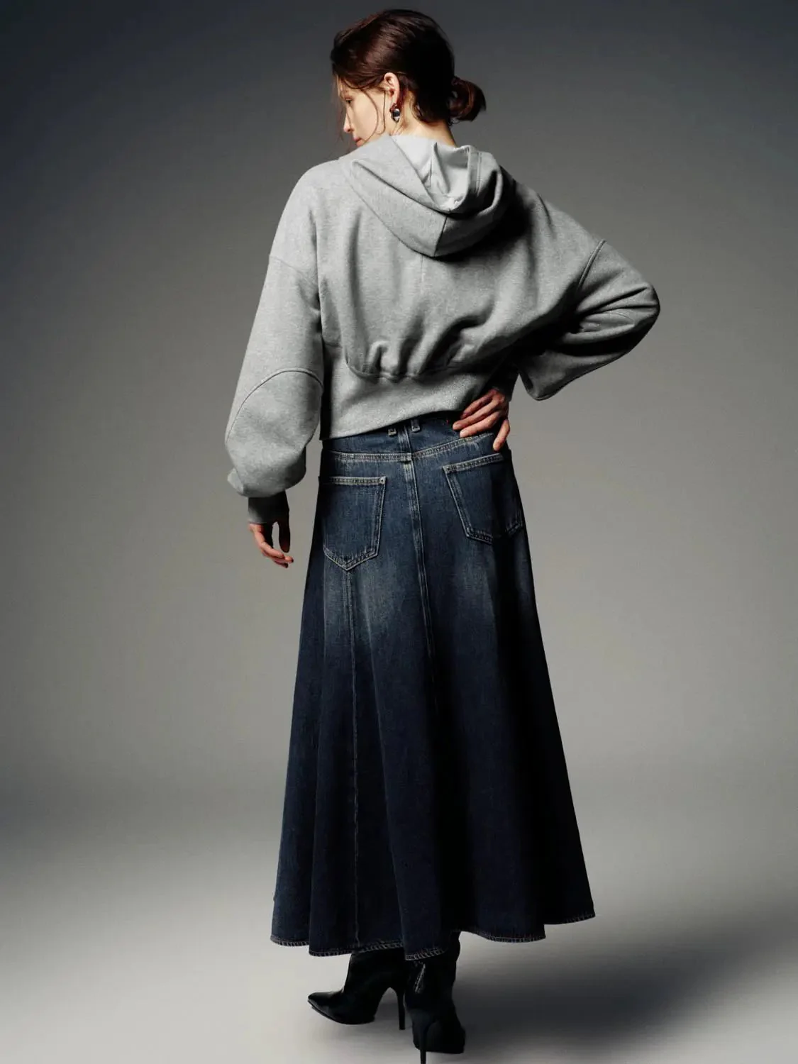 Cotton Blend Hooded Balloon Hem Sweatshirt