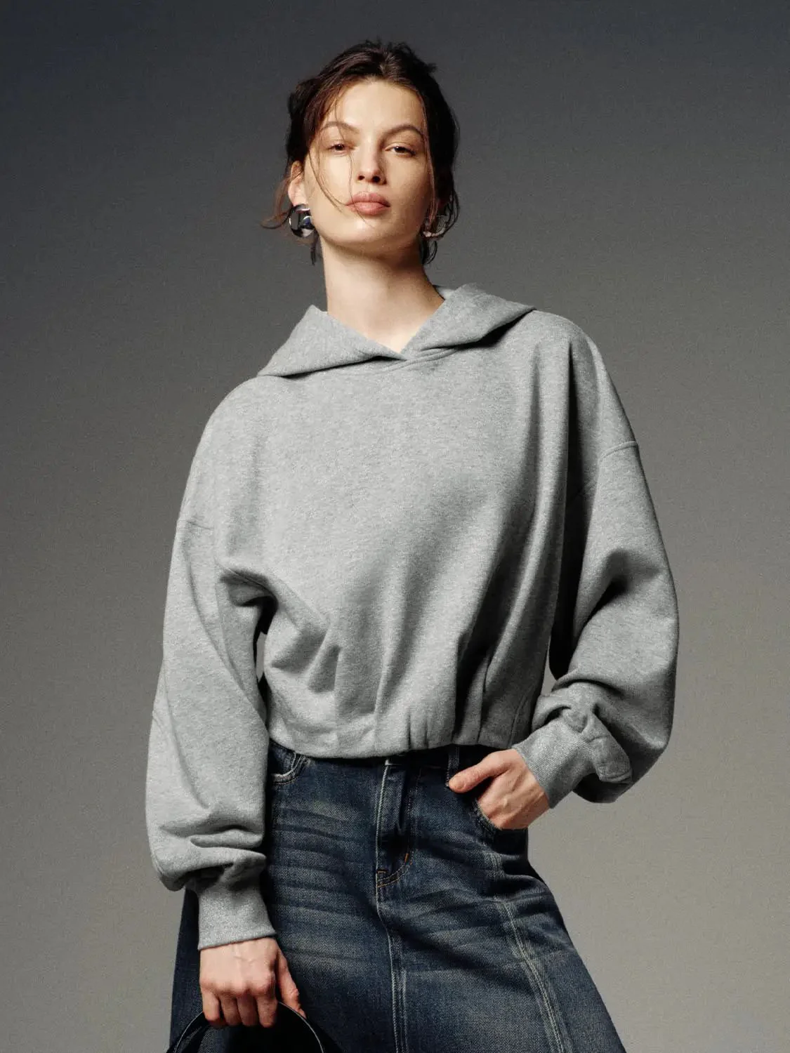 Cotton Blend Hooded Balloon Hem Sweatshirt