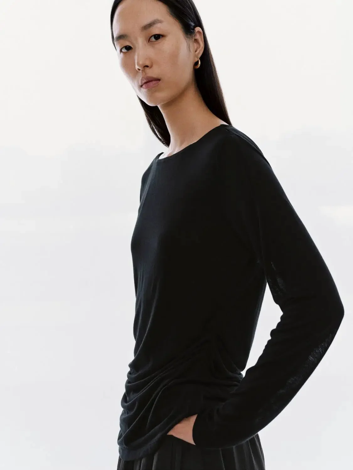 Lyocell Boat Neck Long Sleeve Ruched Top