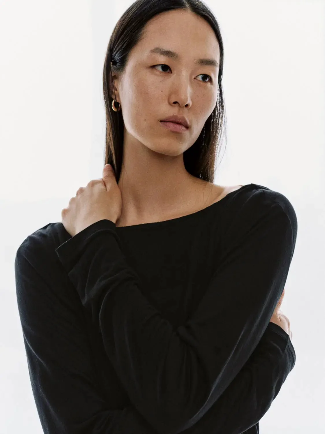 Lyocell Boat Neck Long Sleeve Ruched Top
