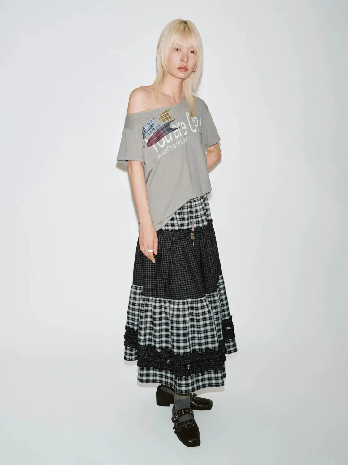 22397-drawstring-pull-on-contrast-check-tiered-a-line-midi-skirts-6.webp Drawstring Pull On Contrast Check Tiered A-Line Midi Skirts