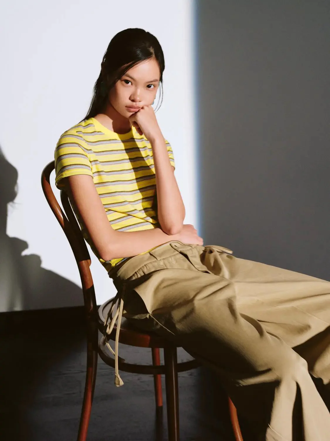 Yellow Contrast Striped Crew Neck T Shirts