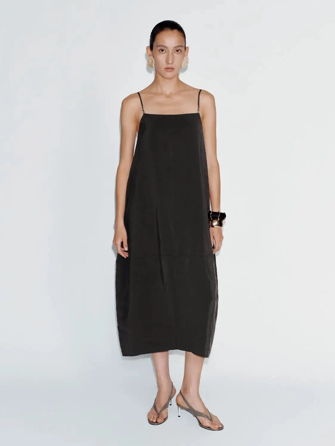 Strappy Balloon Modal Blend Elegant Midi Dress