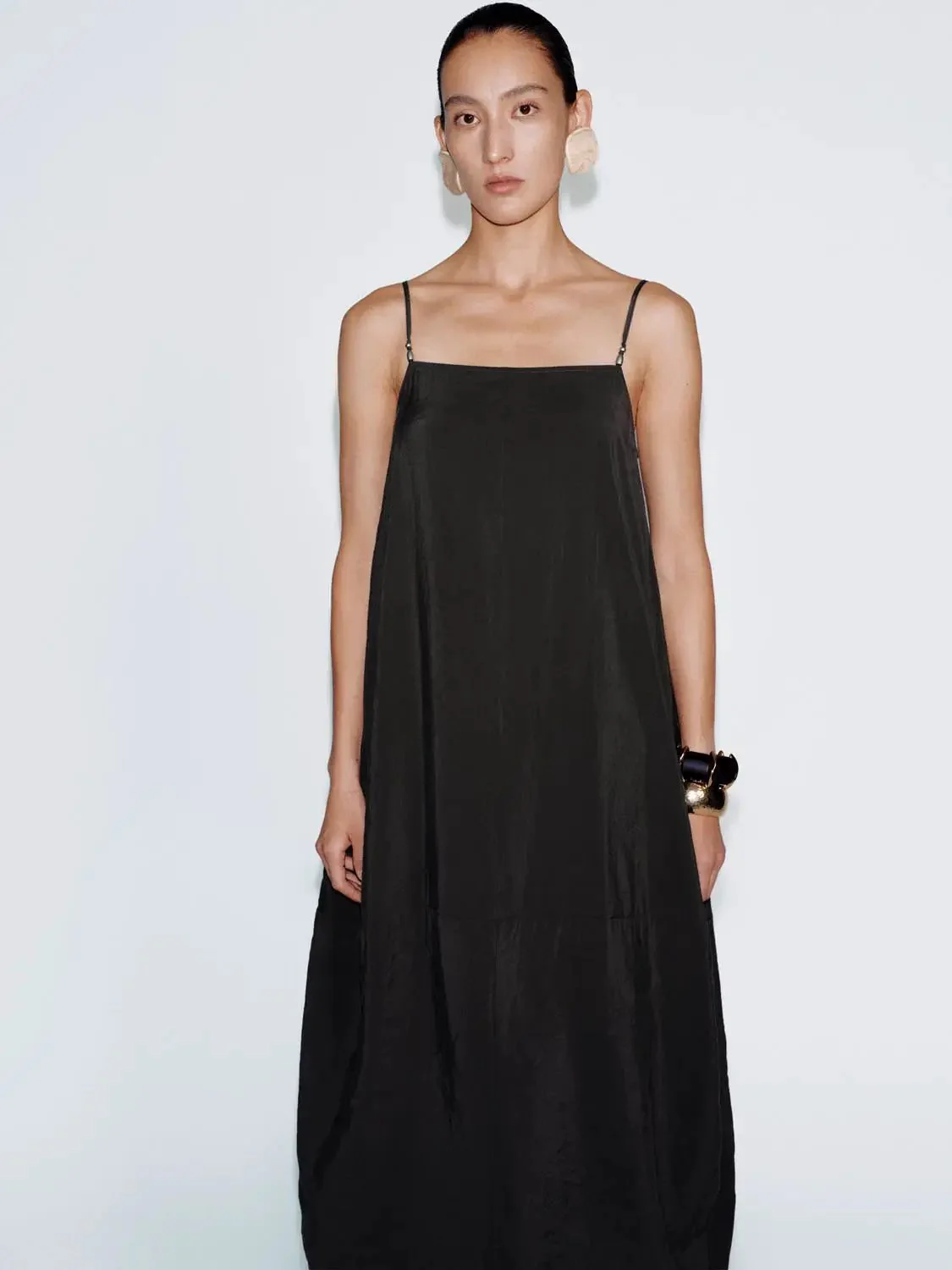 Strappy Balloon Modal Blend Elegant Midi Dress