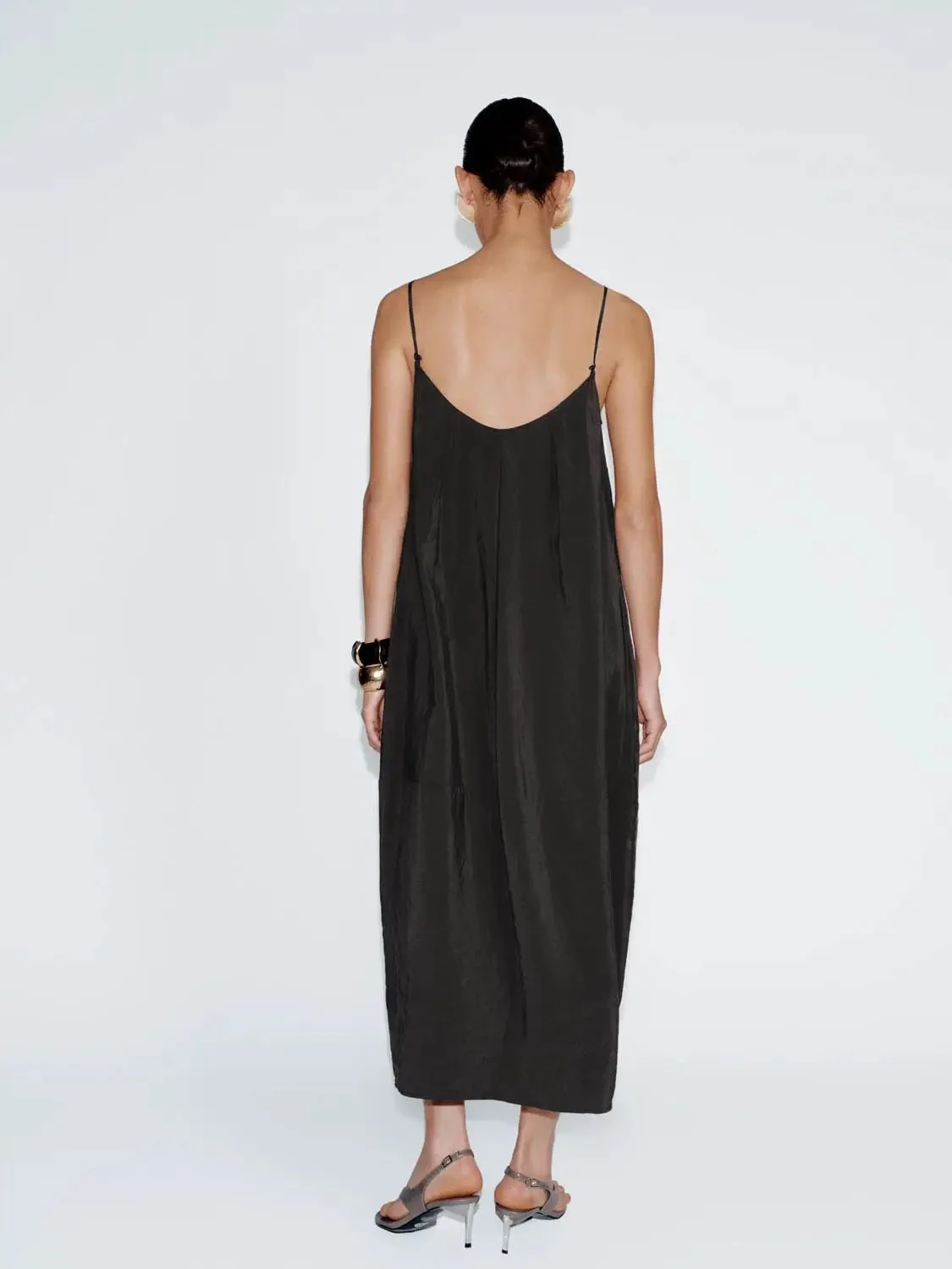 Strappy Balloon Modal Blend Elegant Midi Dress